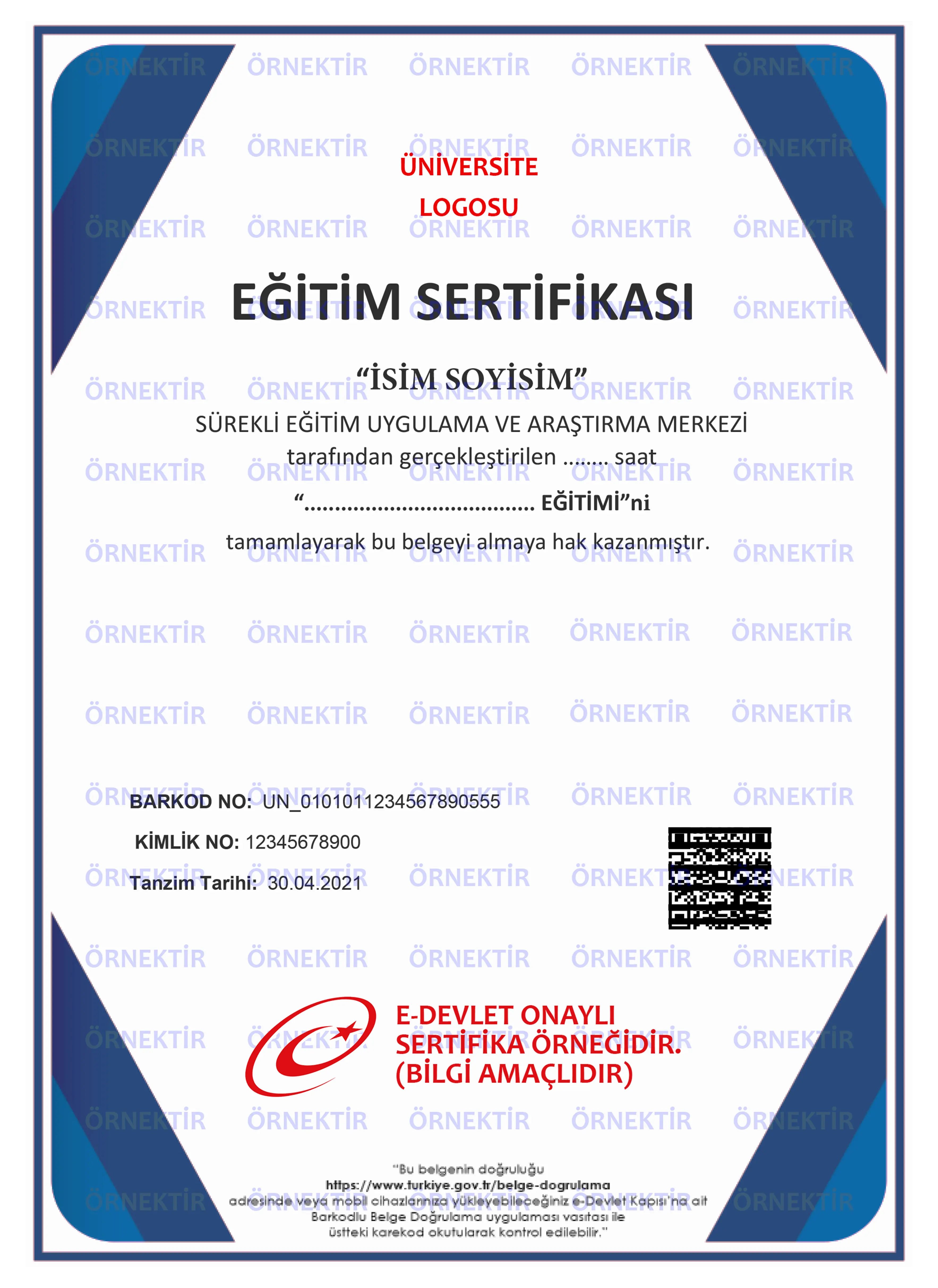 T.C. MEB Onaylı ve e-Devlet Kayıtlı Örnek Kurs Bitirme Belgesi